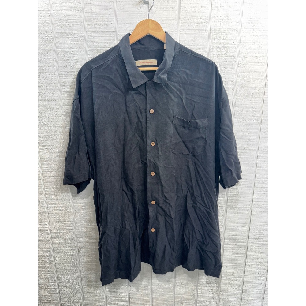 Tommy Bahama Silk Shirt Mens Black Herringbone Short Sleeve Button Down XXL
